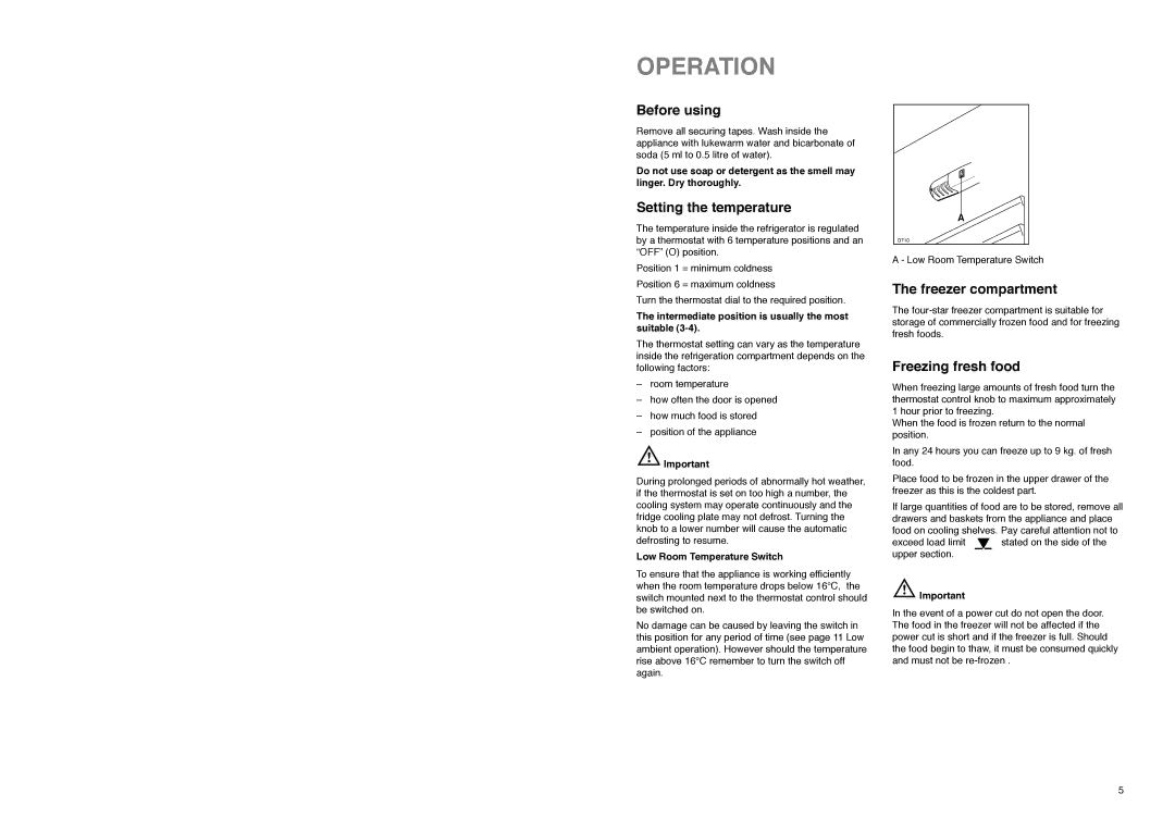 Electrolux ER 7525 B manual Operation, Before using, Setting the temperature, Freezer compartment, Freezing fresh food 