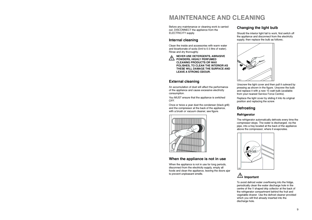 Electrolux ER 7525 B manual Maintenance and Cleaning, External cleaning, Defrosting, Refrigerator 