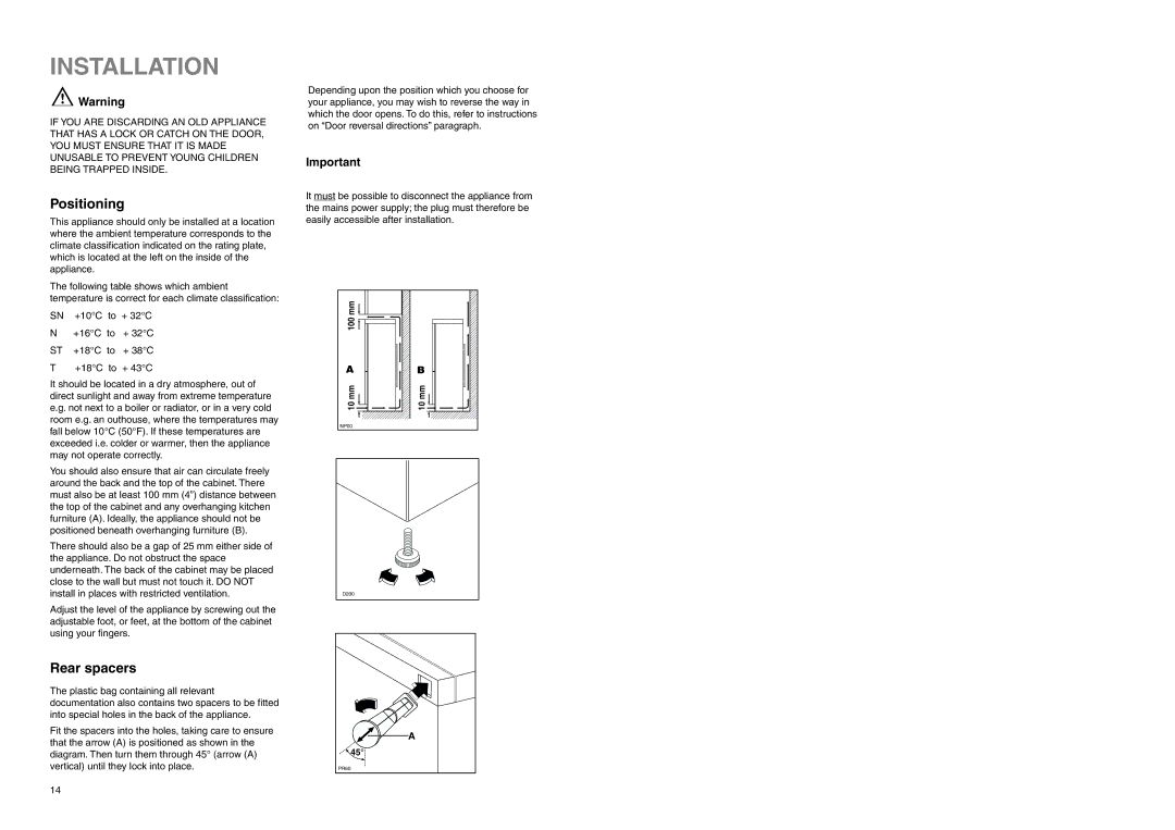 Electrolux ER 7526/1 B manual Installation, Positioning, Rear spacers 