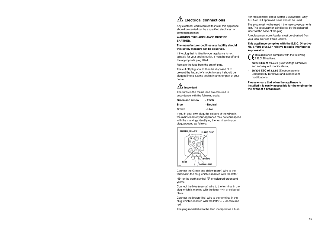 Electrolux ER 7526/1 B manual Electrical connections, Green and Yellow Earth Blue- Neutral Brown- Live 