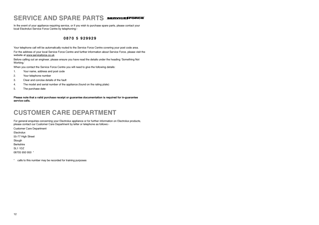 Electrolux ER 7620 B manual Service and Spare Parts, Customer Care Department, 7 0 5 9 2 9 9 2 