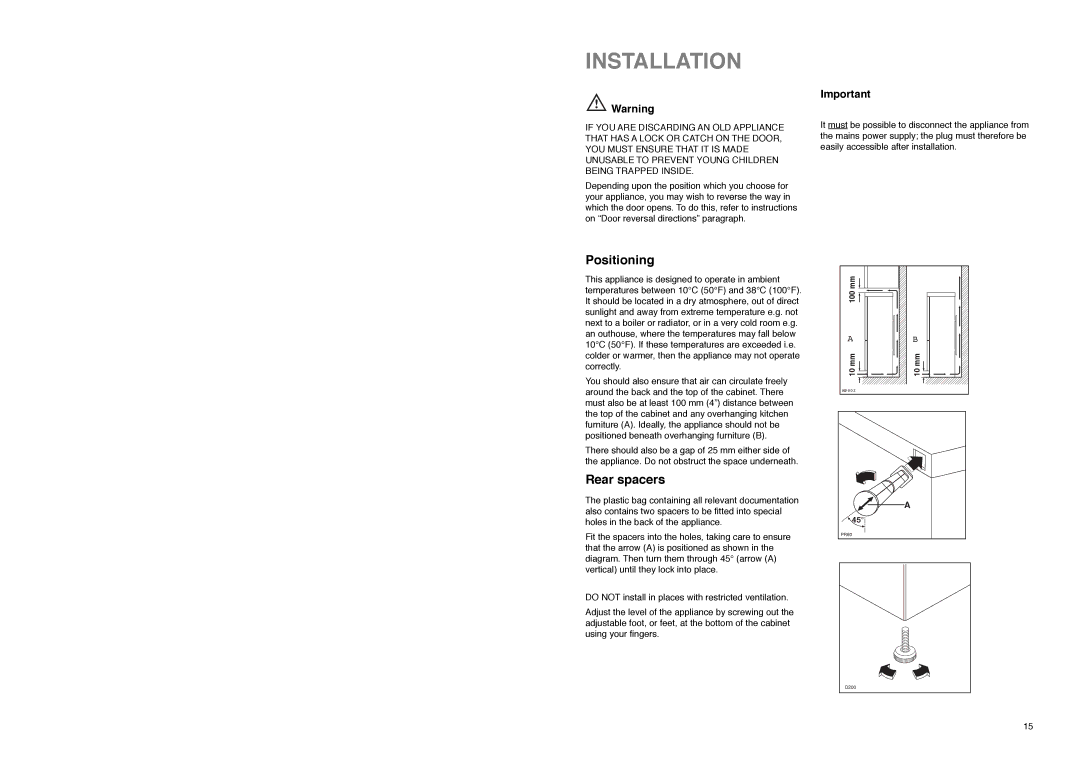 Electrolux ER 7620 B manual Installation, Positioning, Rear spacers 