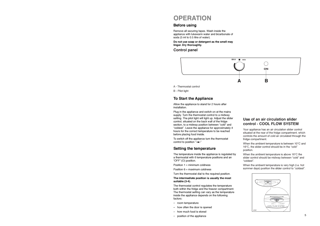 Electrolux ER 7620 B manual Operation, Before using, Control panel, To Start the Appliance, Setting the temperature 