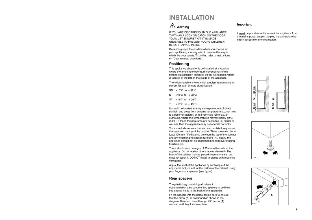 Electrolux ER 7620/1 C manual Installation, Positioning, Rear spacers 