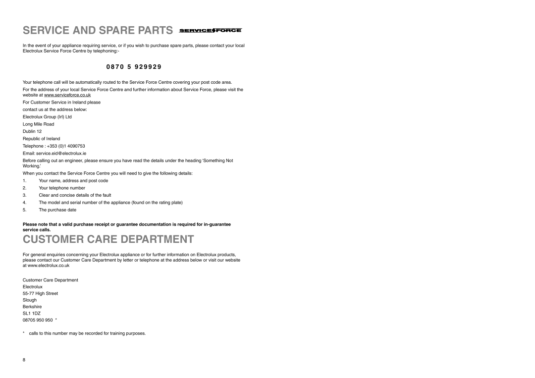 Electrolux ER 7620/1 C manual Service and Spare Parts, Customer Care Department, 7 0 5 9 2 9 9 2 