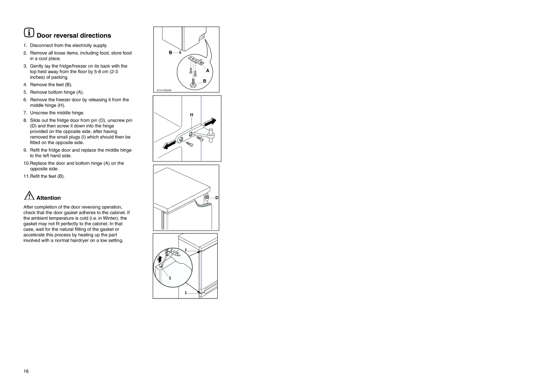 Electrolux ER 7626/1 B manual Door reversal directions 