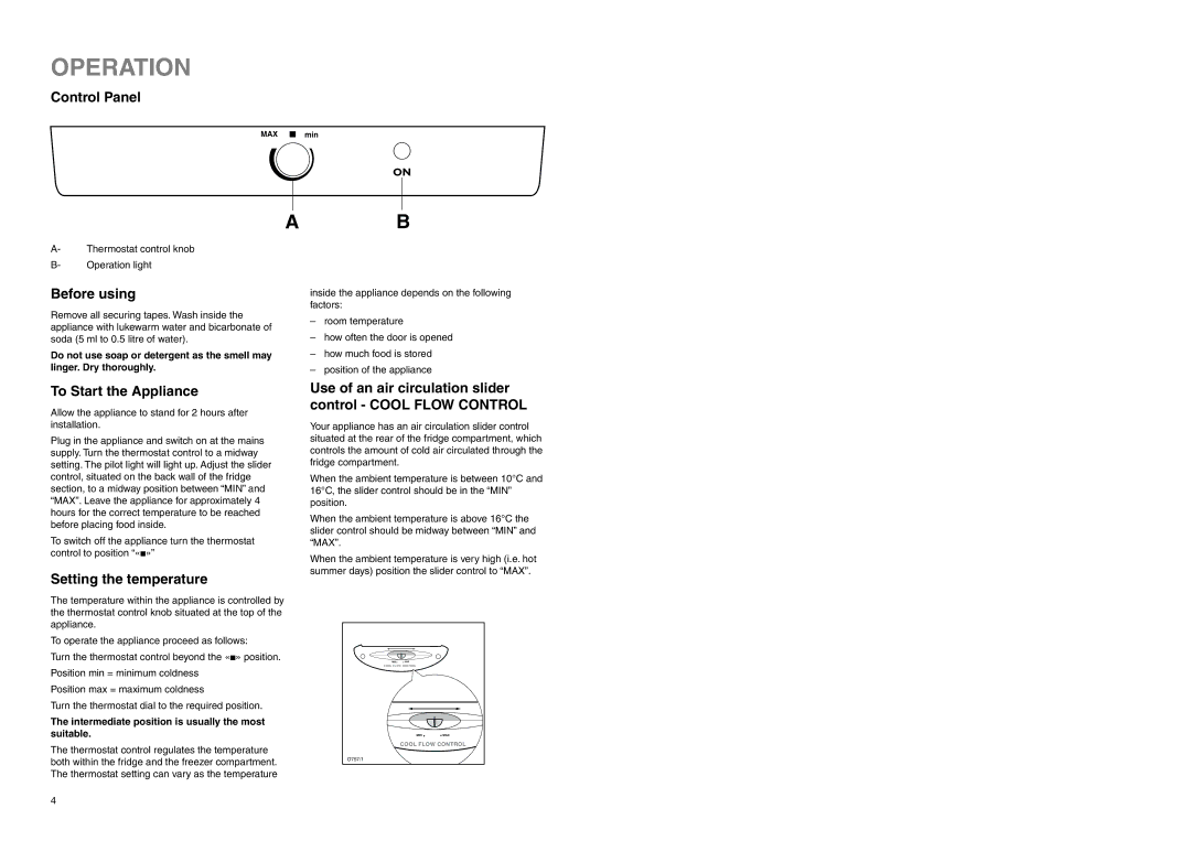 Electrolux ER 7626/1 B manual Operation, Control Panel, Before using, To Start the Appliance, Setting the temperature 