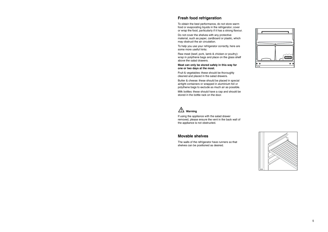 Electrolux ER 7626/1 B manual Fresh food refrigeration, Movable shelves 