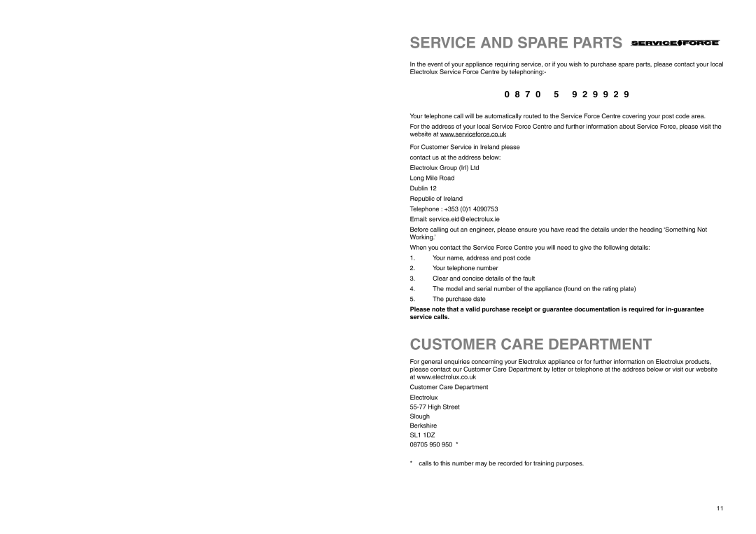 Electrolux ER 7626/1 B manual Service And Spare Parts, Customer Care Department, 0 8 7, 9 2 9 9 2 
