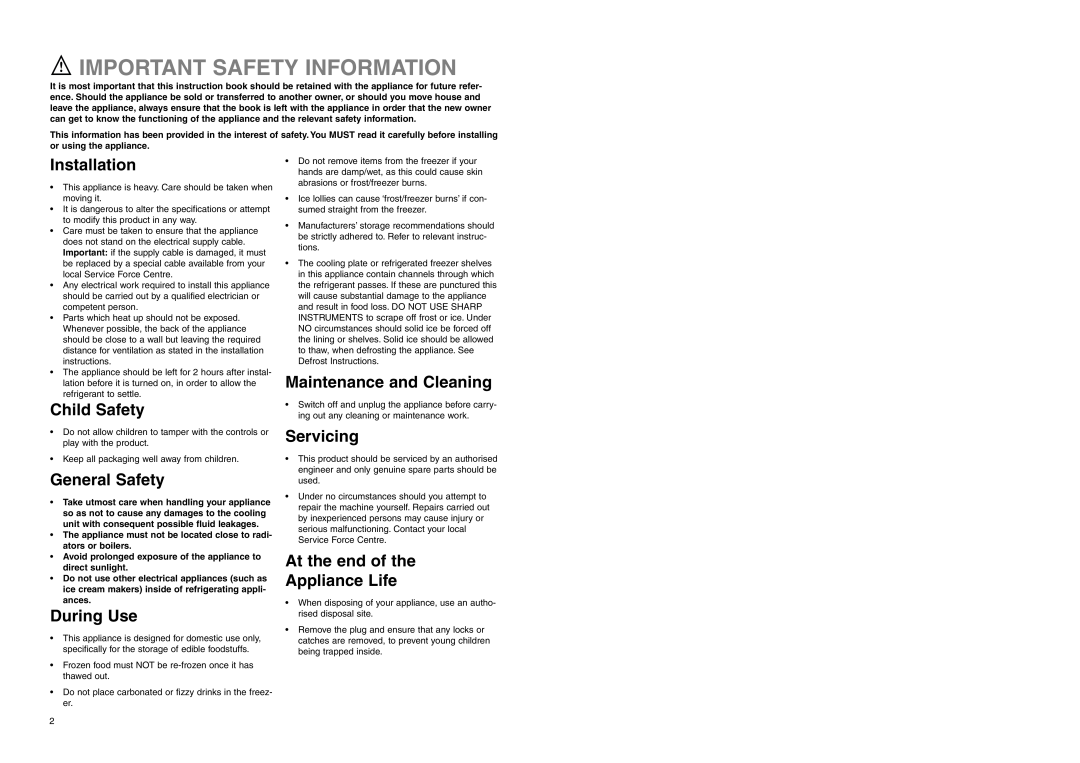 Electrolux ER 7626/1 B Important Safety Information, Installation, Child Safety, General Safety, During Use, Servicing 