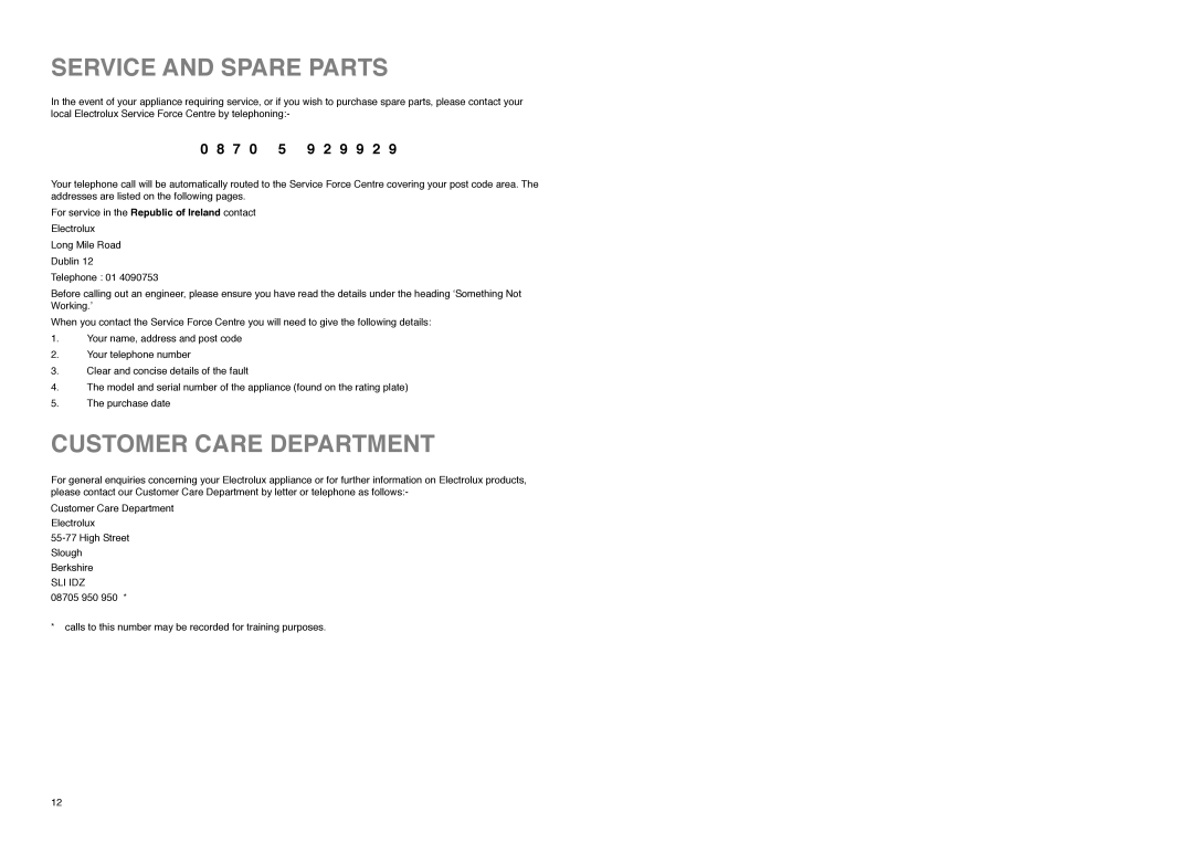 Electrolux ER 7627 BN, ER 7626 B manual Service and Spare Parts, Customer Care Department, 9 9 2 