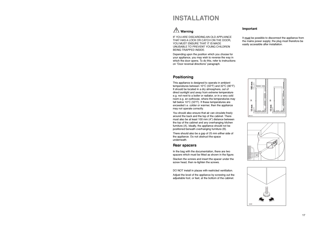 Electrolux ER 7626 B, ER 7627 BN manual Installation, Positioning, Rear spacers 