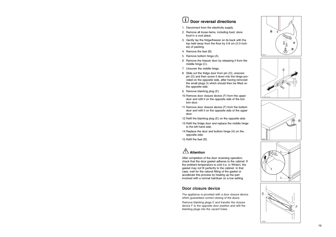 Electrolux ER 7626 B, ER 7627 BN manual Door reversal directions, Door closure device 