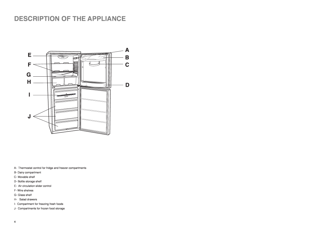Electrolux ER 7627 BN, ER 7626 B manual Description Of The Appliance, A E B F C G, H D 
