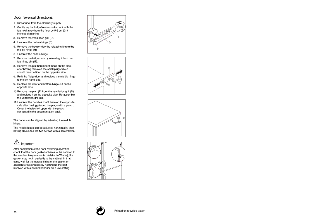 Electrolux ER 7628 B manual Door reversal directions 