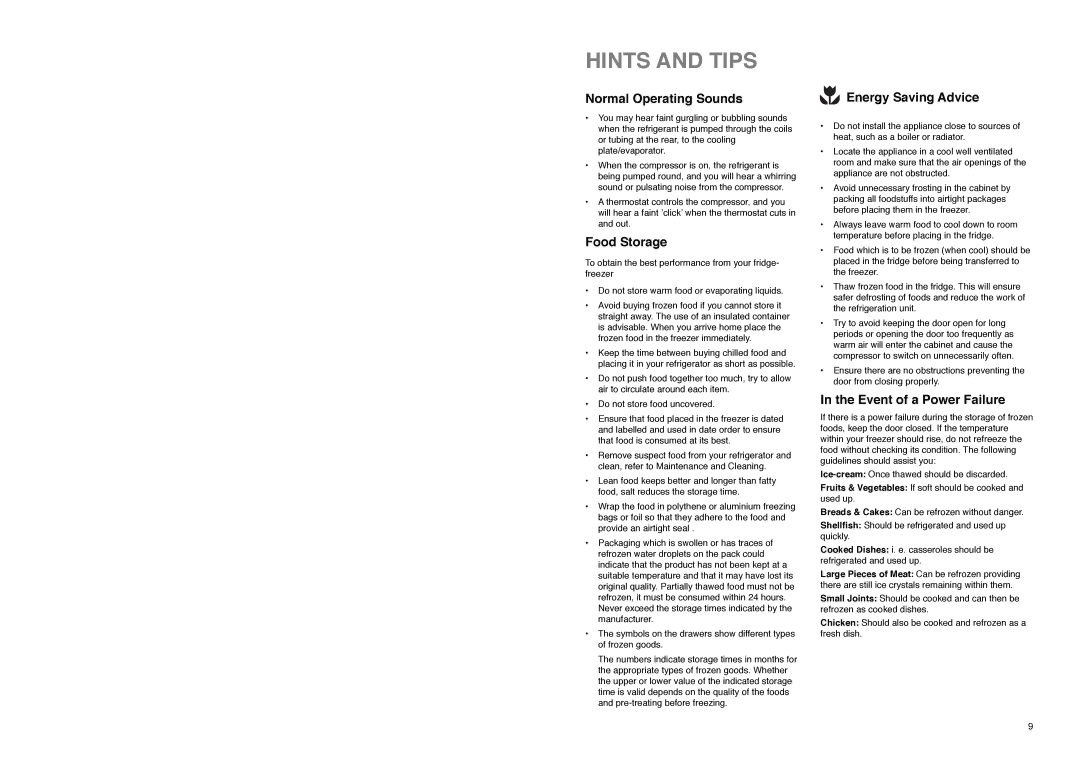 Electrolux ER 7628 B Hints and Tips, Normal Operating Sounds, Food Storage, Energy Saving Advice, Event of a Power Failure 