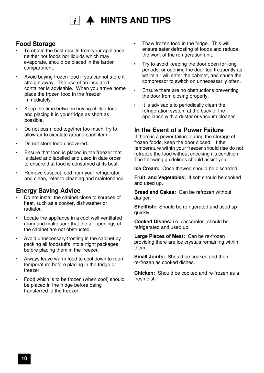 Electrolux ER 7656B, ER 7657B Hints and Tips, Food Storage, Energy Saving Advice, Event of a Power Failure 