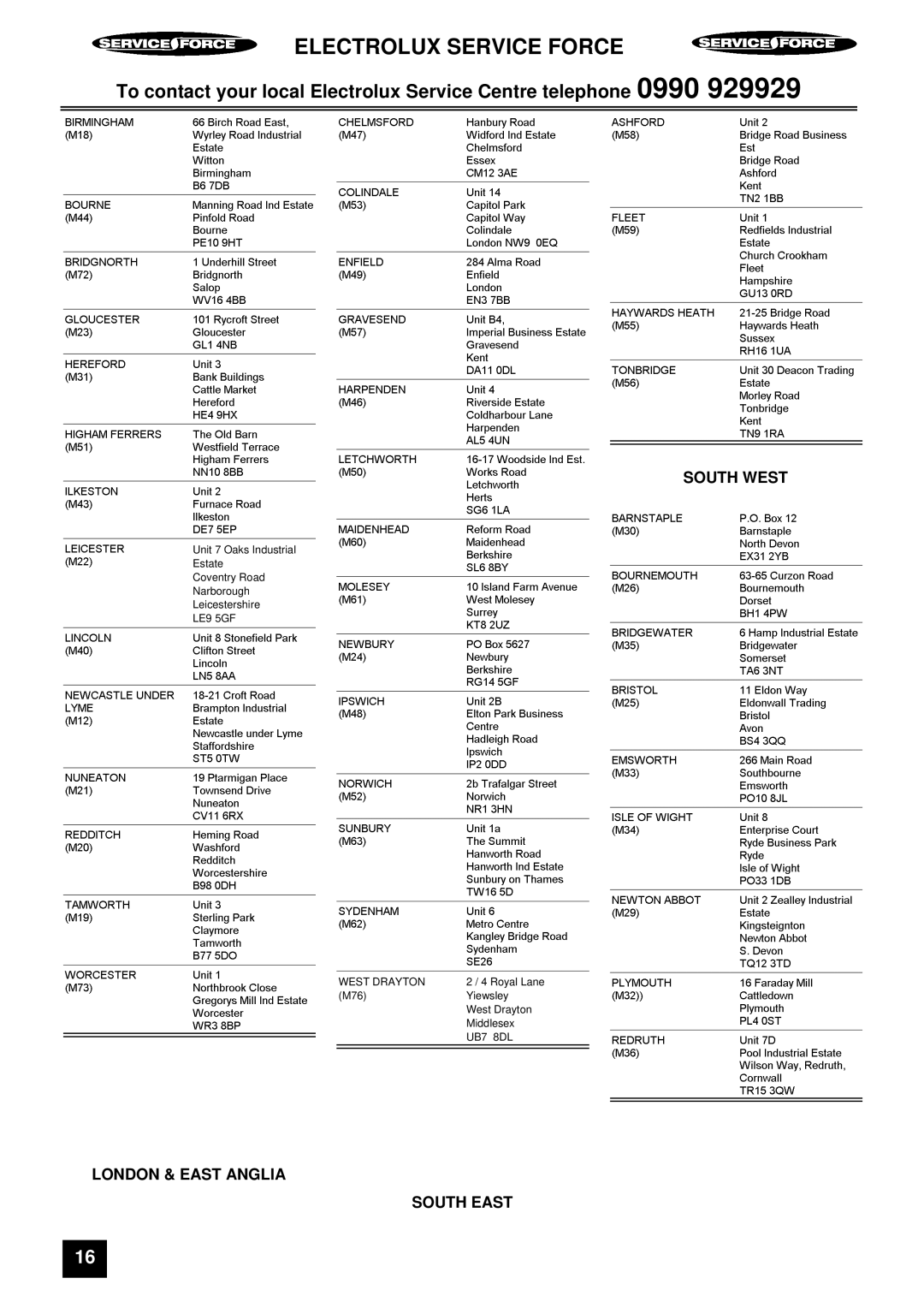 Electrolux ER 7656B, ER 7657B instruction manual South West 