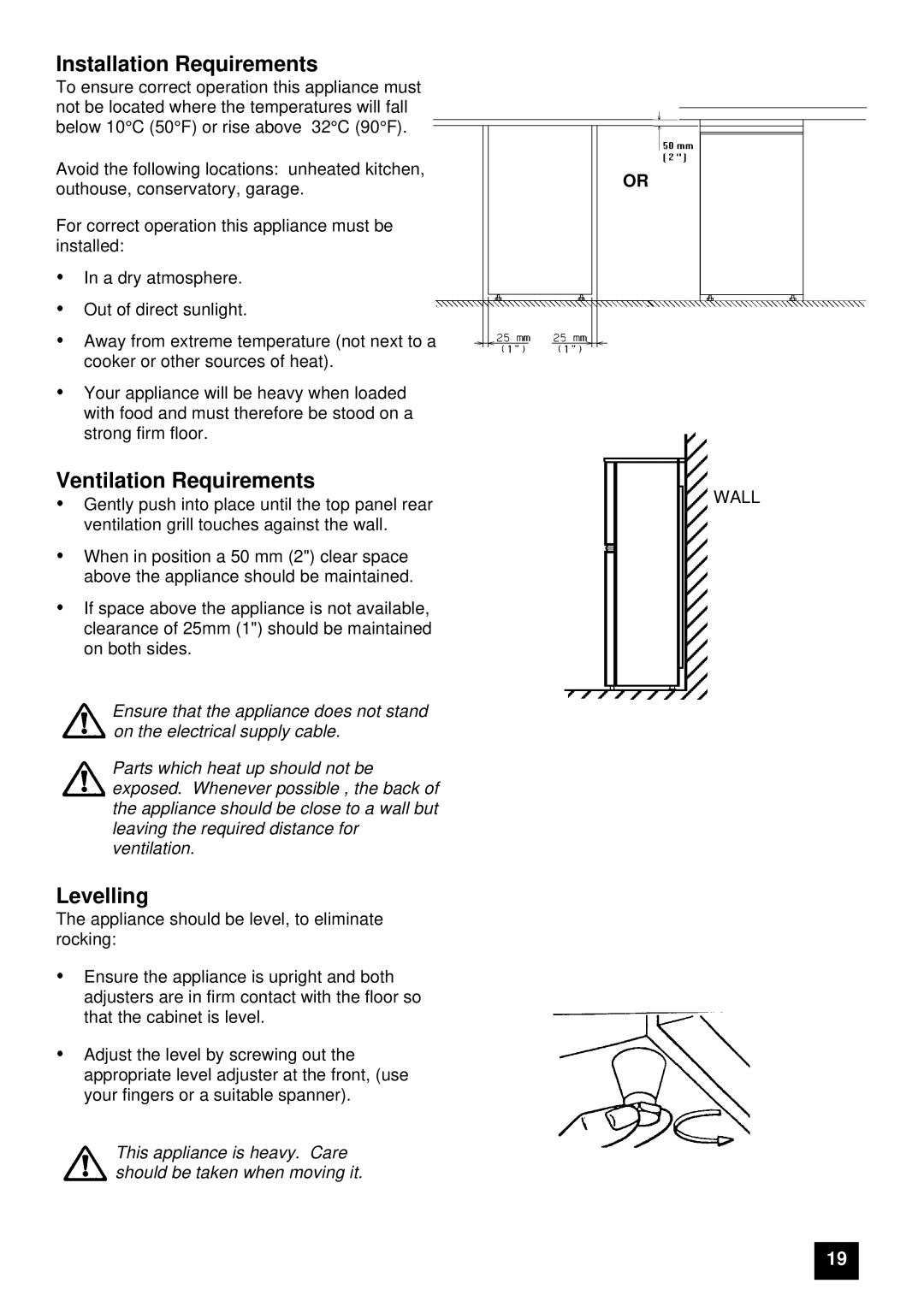 Electrolux ER 7657B, ER 7656B instruction manual Installation Requirements, Ventilation Requirements, Levelling 