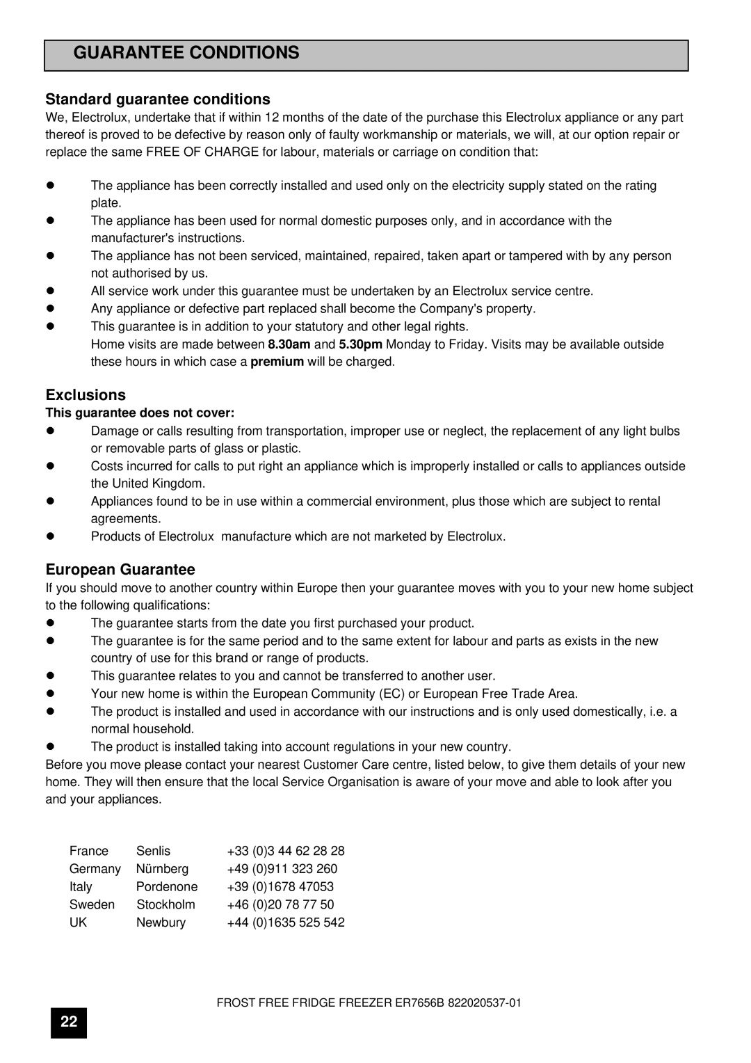 Electrolux ER 7656B, ER 7657B instruction manual Guarantee Conditions 