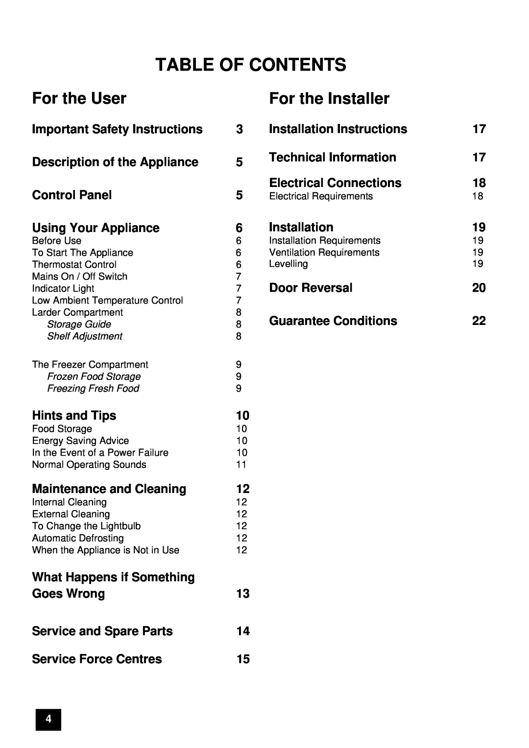 Electrolux ER 7656B, ER 7657B instruction manual Table Of Contents, For the User, For the Installer 