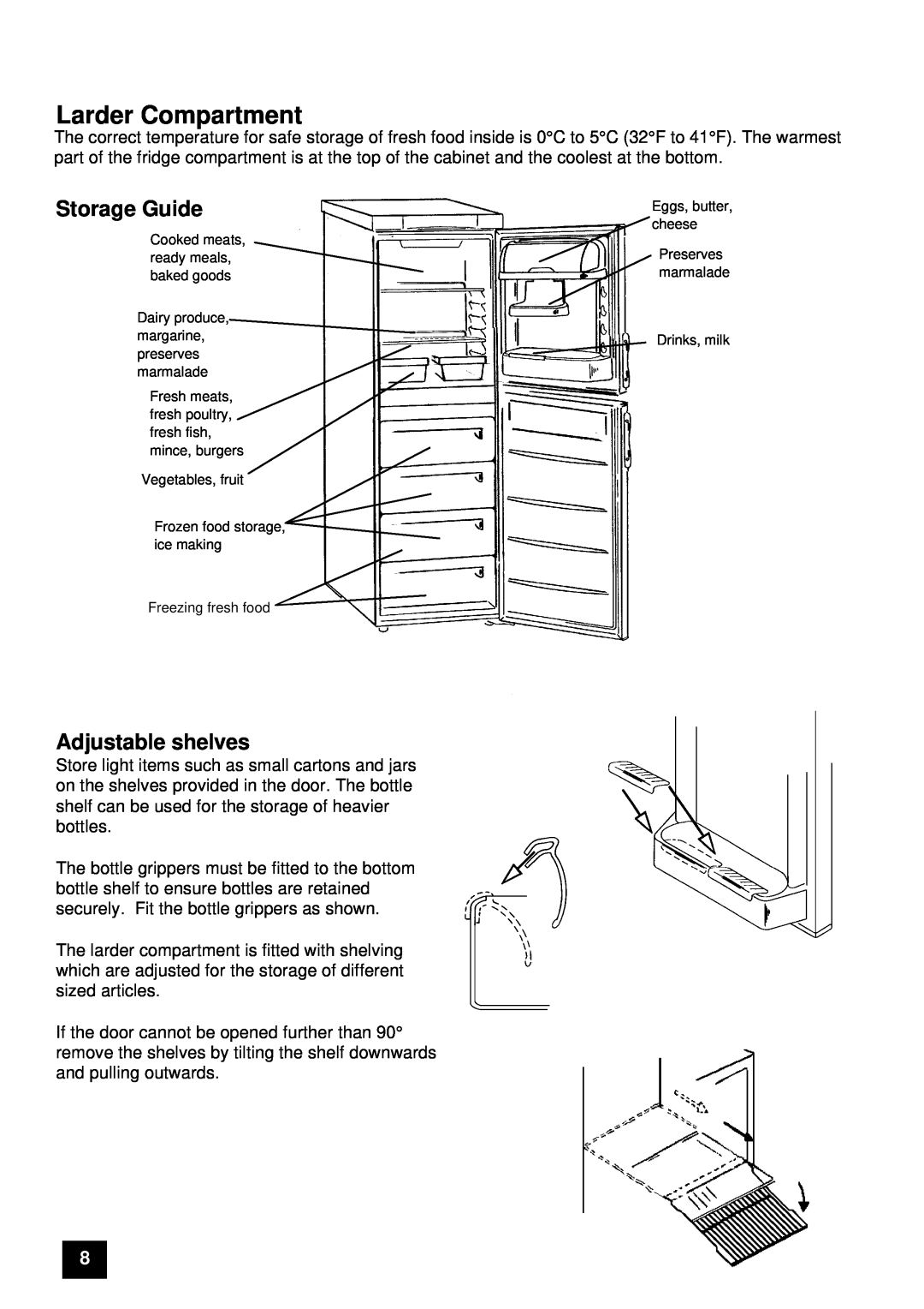 Electrolux ER 7656B, ER 7657B instruction manual Larder Compartment, Storage Guide, Adjustable shelves 