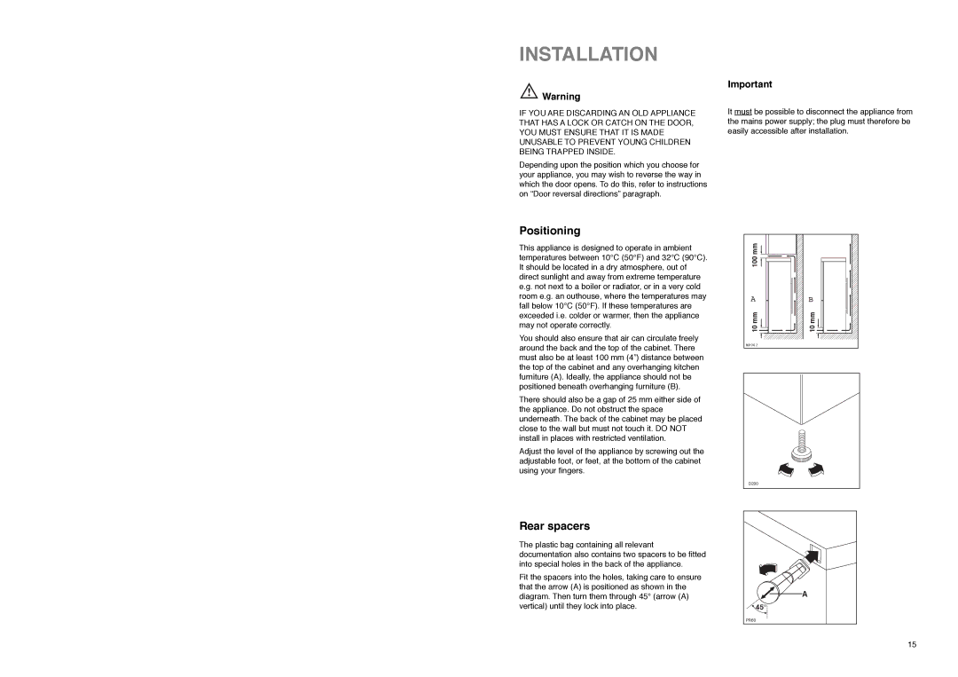 Electrolux ER 7821 B manual Installation, Positioning, Rear spacers 