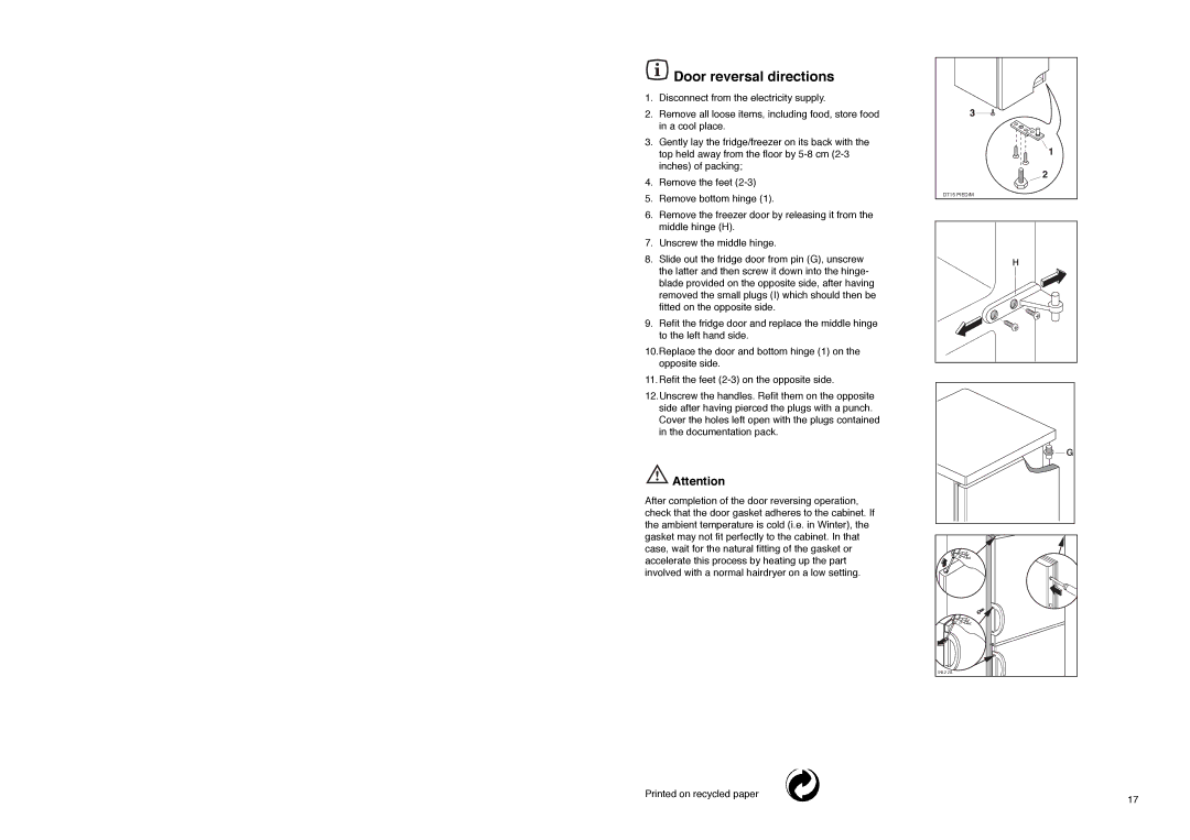 Electrolux ER 7821 B manual Door reversal directions 