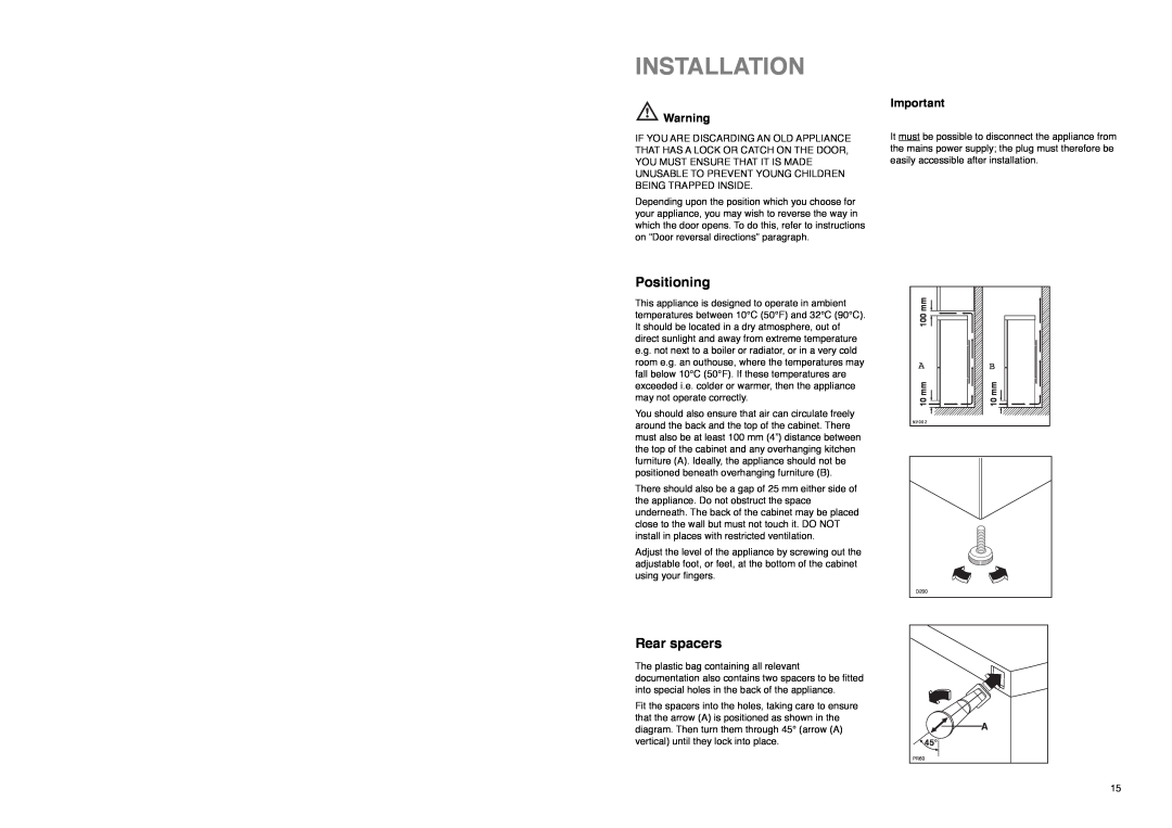 Electrolux ER 7821 B manual Installation, Positioning, Rear spacers 
