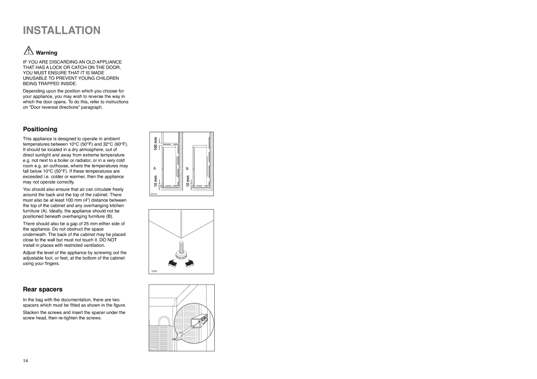 Electrolux ER 7825 B instruction manual Installation, Positioning, Rear spacers 