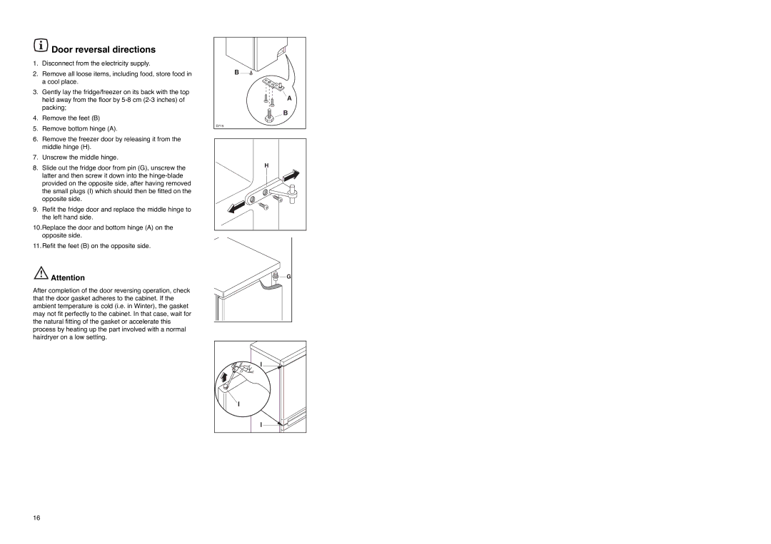 Electrolux ER 7825 B instruction manual Door reversal directions 