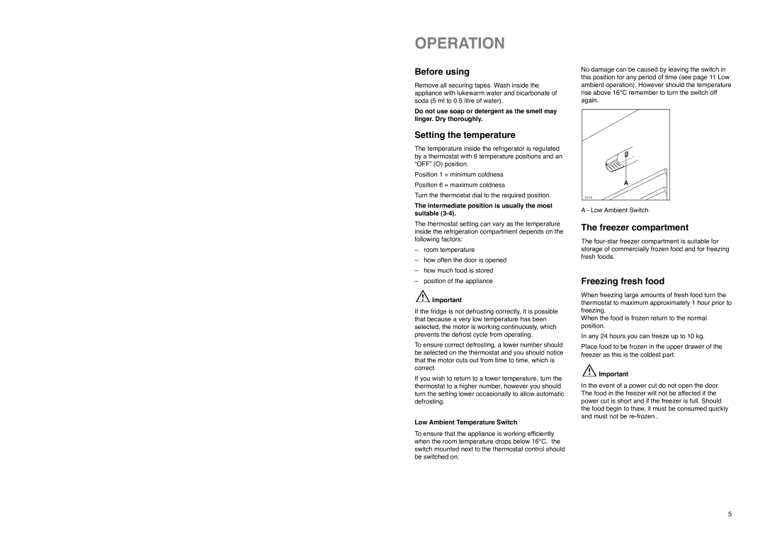 Electrolux ER 7825 B Operation, Before using, Setting the temperature, Freezer compartment, Freezing fresh food 