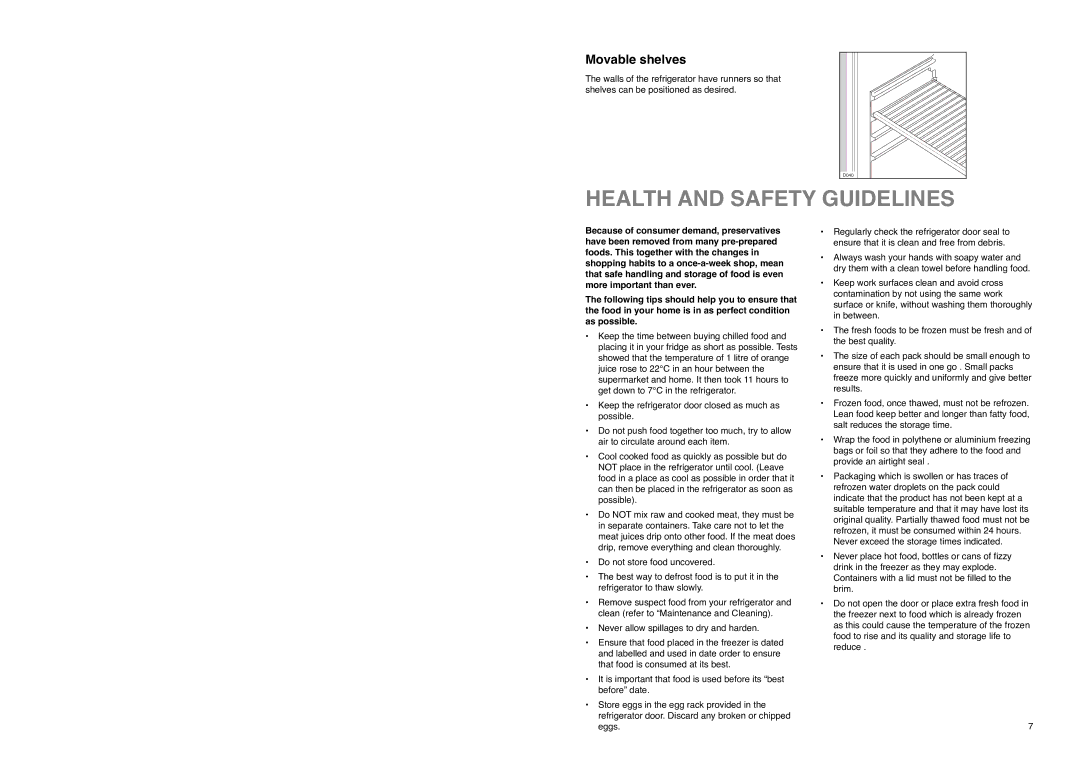 Electrolux ER 7825 B instruction manual Health and Safety Guidelines, Movable shelves 