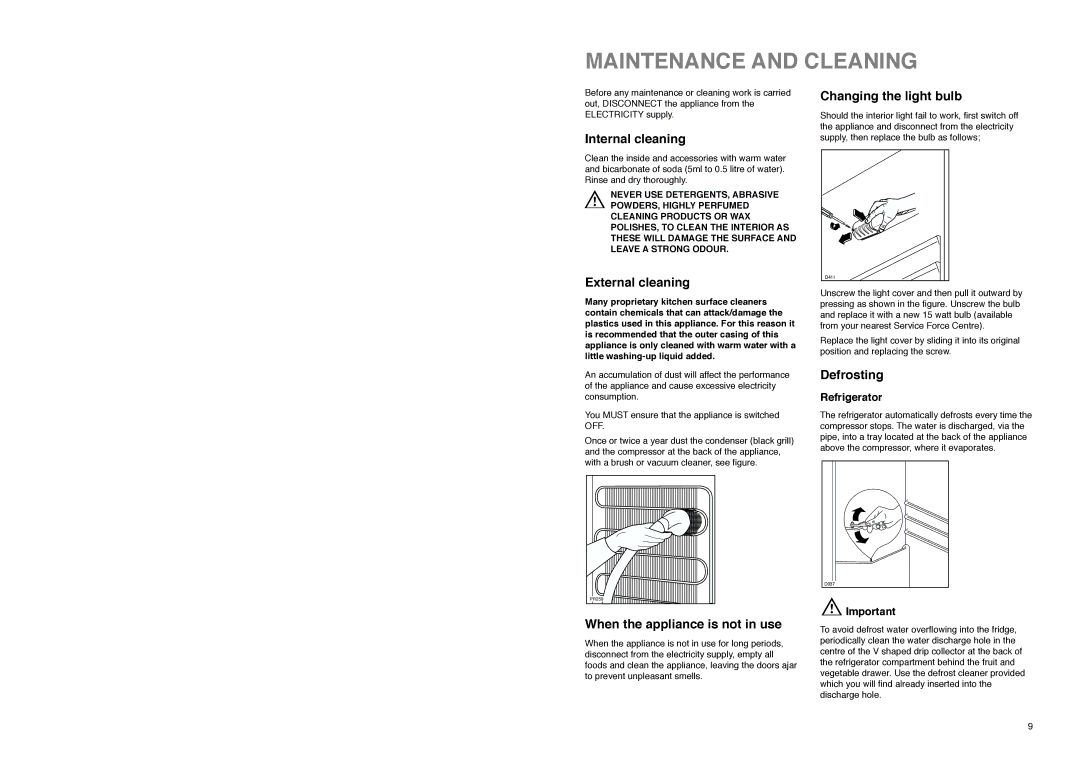 Electrolux ER 7826 B manual Maintenance and Cleaning, External cleaning, Defrosting, Refrigerator 