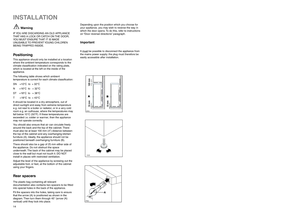 Electrolux ER 7826/1 B manual Installation, Positioning, Rear spacers 