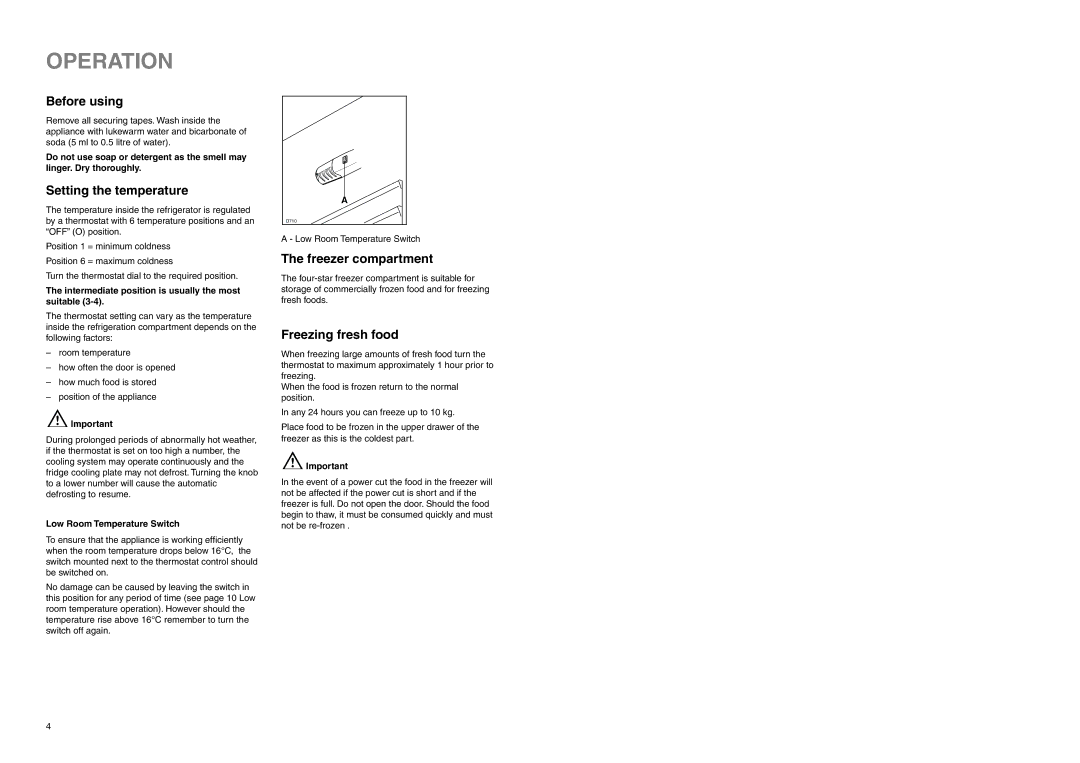 Electrolux ER 7826/1 B manual Operation, Before using, Setting the temperature, Freezer compartment, Freezing fresh food 