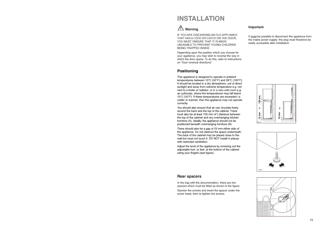 Electrolux ER 7828 C manual Installation, Positioning, Rear spacers 