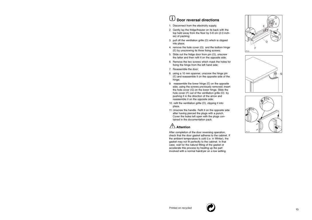 Electrolux ER 7828 C manual Door reversal directions 