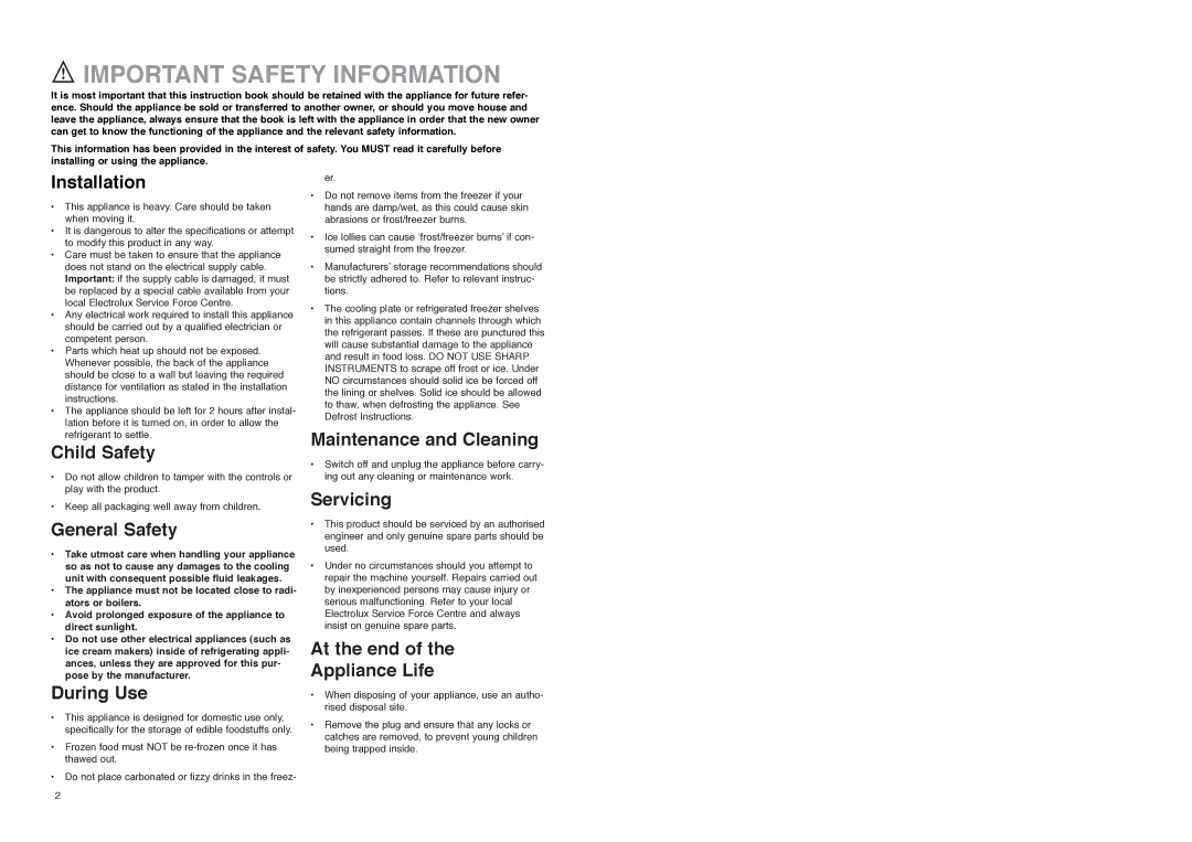 Electrolux ER 7828 C manual Important Safety Information, Installation 