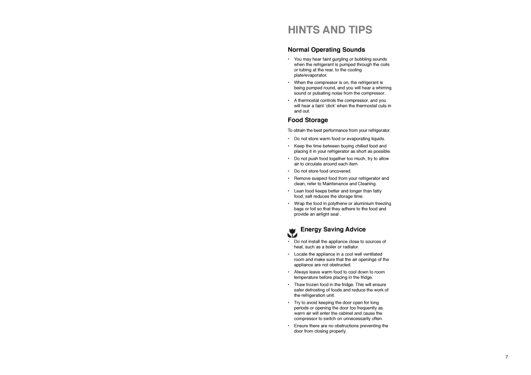 Electrolux ER 7828 C manual Hints and Tips, Normal Operating Sounds, Food Storage, Energy Saving Advice 