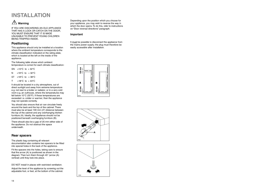 Electrolux ER 7926/1 B manual Installation, Positioning, Rear spacers 