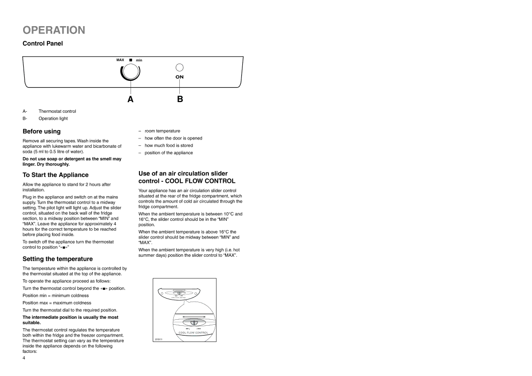 Electrolux ER 7926/1 B manual Operation, Control Panel, Before using, To Start the Appliance, Setting the temperature 