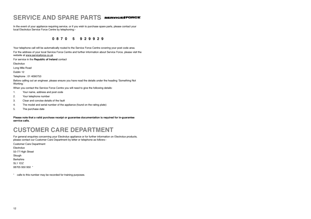 Electrolux ER 7926B manual Service and Spare Parts, Customer Care Department, 9 9 2 