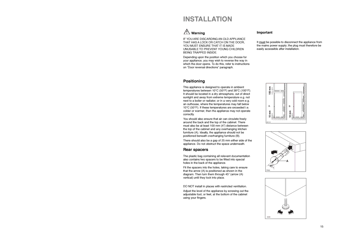 Electrolux ER 7926B manual Installation, Positioning, Rear spacers 