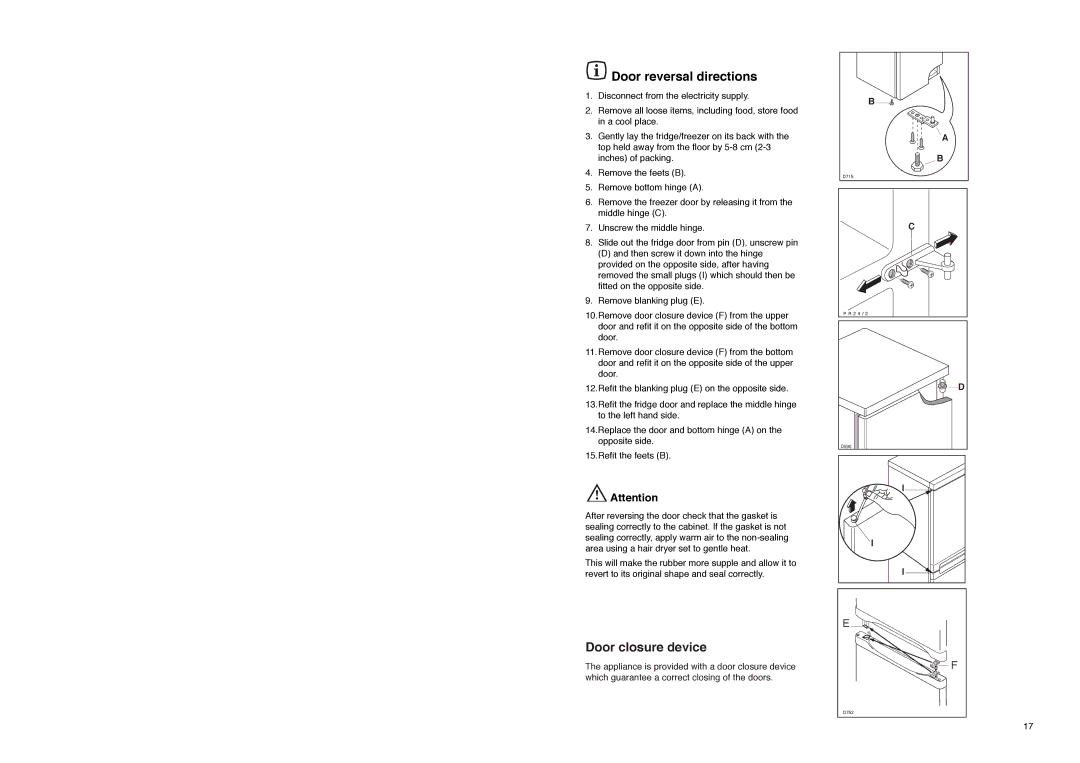 Electrolux ER 7926B manual Door reversal directions, Door closure device 