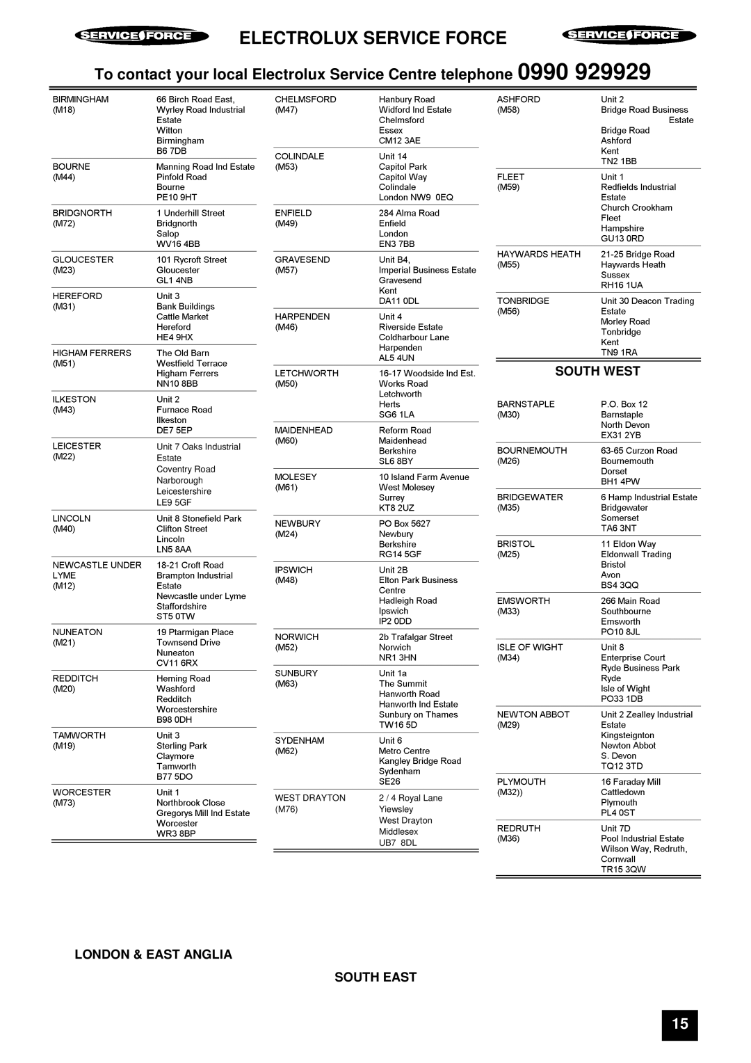 Electrolux ER 7947B, ER 7946B instruction manual South West 