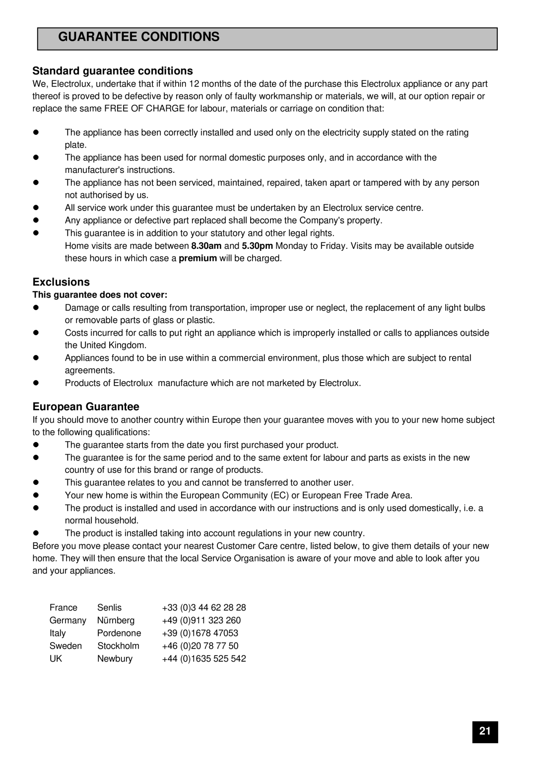 Electrolux ER 7947B, ER 7946B instruction manual Guarantee Conditions 