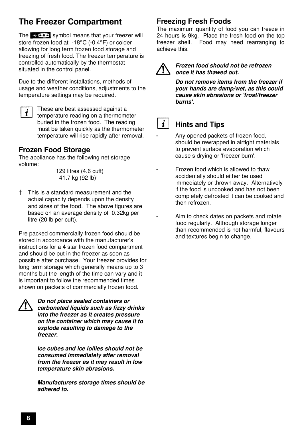 Electrolux ER 7946B, ER 7947B instruction manual Frozen Food Storage, Freezing Fresh Foods 