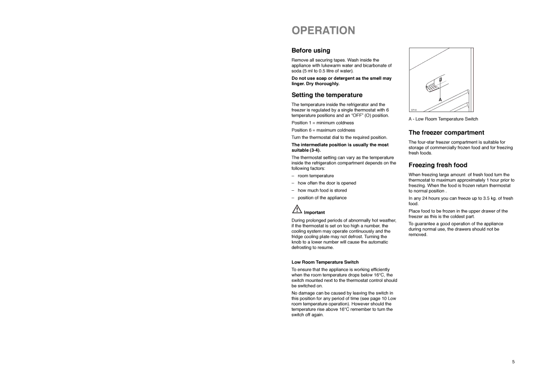 Electrolux ER 8034 I manual Operation, Before using, Setting the temperature, Freezer compartment, Freezing fresh food 