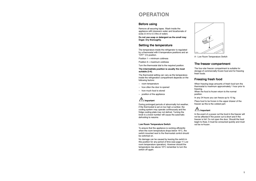 Electrolux ER 8126 B manual Operation, Before using, Setting the temperature, Freezer compartment, Freezing fresh food 